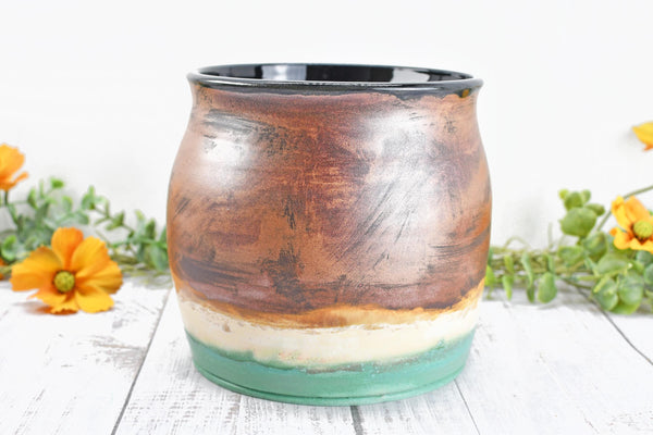 Ceramic Utensil Holder Crock for Kitchen Countertop, Copper Pottery Organizer in Turquoise Green and Cream, or Flower Pot Housewarming Gift