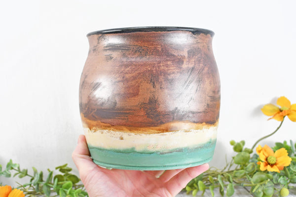 Ceramic Utensil Holder Crock for Kitchen Countertop, Copper Pottery Organizer in Turquoise Green and Cream, or Flower Pot Housewarming Gift