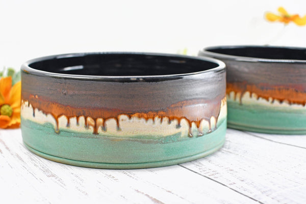 Ceramic Dog Food or Water Bowl in Bronze, Verdigris Green and Black - Handmade Stoneware Pottery Wheel Thrown Medium to Large Size Pet Dish