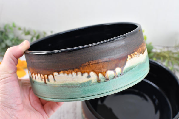 Ceramic Dog Food or Water Bowl in Bronze, Verdigris Green and Black - Handmade Stoneware Pottery Wheel Thrown Medium to Large Size Pet Dish