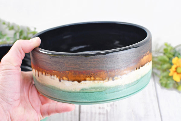 Ceramic Dog Food or Water Bowl in Bronze, Verdigris Green and Black - Handmade Stoneware Pottery Wheel Thrown Medium to Large Size Pet Dish