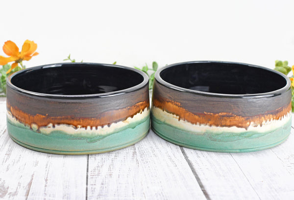 Ceramic Dog Food or Water Bowl in Bronze, Verdigris Green and Black - Handmade Stoneware Pottery Wheel Thrown Medium to Large Size Pet Dish