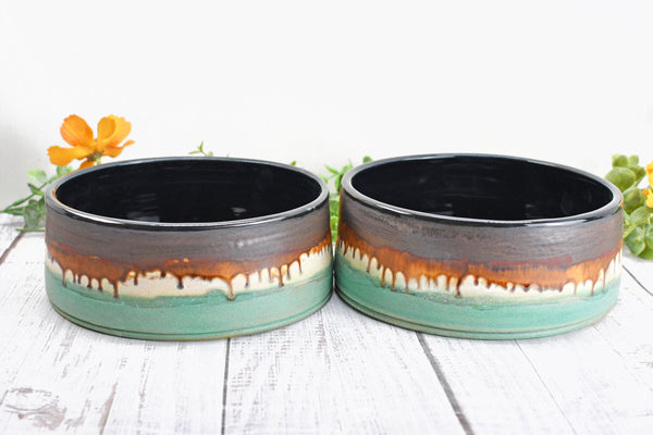 Ceramic Dog Food or Water Bowl in Bronze, Verdigris Green and Black - Handmade Stoneware Pottery Wheel Thrown Medium to Large Size Pet Dish