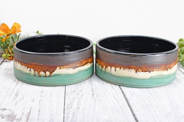 Ceramic Dog Food or Water Bowl in Bronze, Verdigris Green and Black - Handmade Stoneware Pottery Wheel Thrown Medium to Large Size Pet Dish