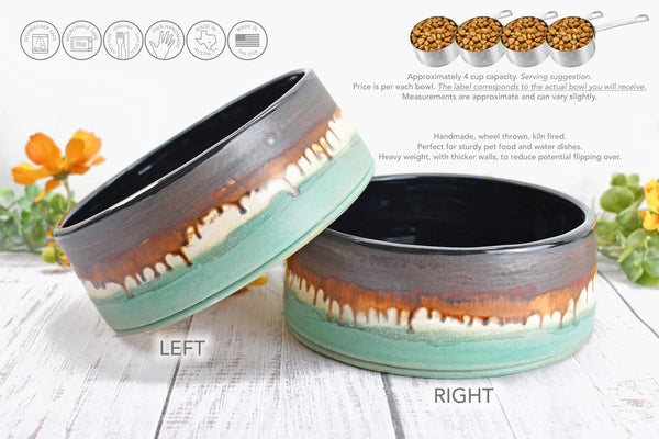 Ceramic Dog Food or Water Bowl in Bronze, Verdigris Green and Black - Handmade Stoneware Pottery Wheel Thrown Medium to Large Size Pet Dish