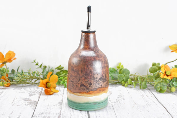 Ceramic Olive Oil Dispenser, Handmade Pottery Liquid Soap Bottle, Stoneware, Copper, Turquoise Green, Tan for Bathroom and Kitchen Decor