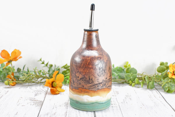Ceramic Olive Oil Dispenser, Handmade Pottery Liquid Soap Bottle, Stoneware, Copper, Turquoise Green, Tan for Bathroom and Kitchen Decor