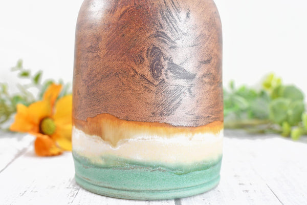 Ceramic Olive Oil Dispenser, Handmade Pottery Liquid Soap Bottle, Stoneware, Copper, Turquoise Green, Tan for Bathroom and Kitchen Decor