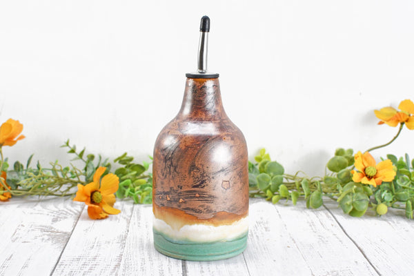 Ceramic Olive Oil Dispenser, Handmade Pottery Liquid Soap Bottle, Stoneware, Copper, Turquoise Green, Tan for Bathroom and Kitchen Decor
