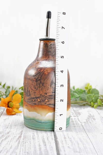 Ceramic Olive Oil Dispenser, Handmade Pottery Liquid Soap Bottle, Stoneware, Copper, Turquoise Green, Tan for Bathroom and Kitchen Decor