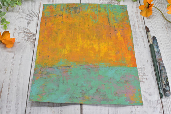 Abstract Painting, Original Mixed Media Yellow and Turquoise Wall Art on Paper