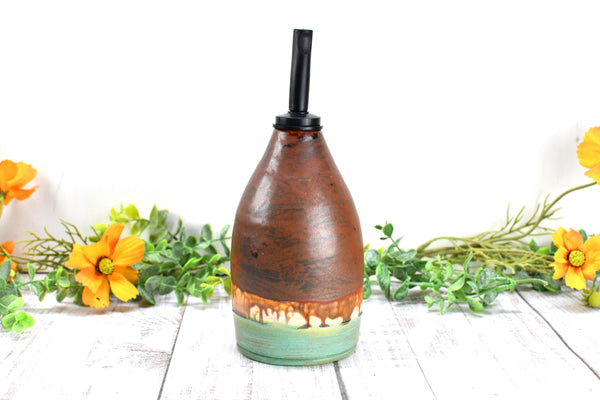 Handmade Ceramic Olive Oil Dispenser Bottle, Kitchen Bath Decor, Bronze Rust Turquoise Glaze
