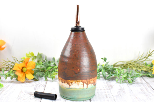 Handmade Ceramic Olive Oil Dispenser Bottle, Kitchen Bath Decor, Bronze Rust Turquoise Glaze