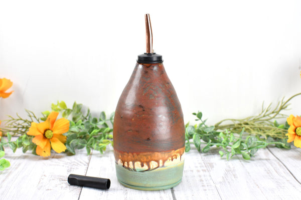 Handmade Ceramic Olive Oil Dispenser Bottle, Kitchen Bath Decor, Bronze Rust Turquoise Glaze