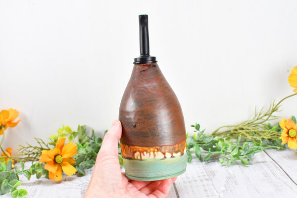 Handmade Ceramic Olive Oil Dispenser Bottle, Kitchen Bath Decor, Bronze Rust Turquoise Glaze