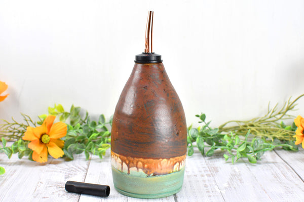 Handmade Ceramic Olive Oil Dispenser Bottle, Kitchen Bath Decor, Bronze Rust Turquoise Glaze