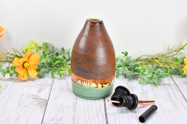 Handmade Ceramic Olive Oil Dispenser Bottle, Kitchen Bath Decor, Bronze Rust Turquoise Glaze