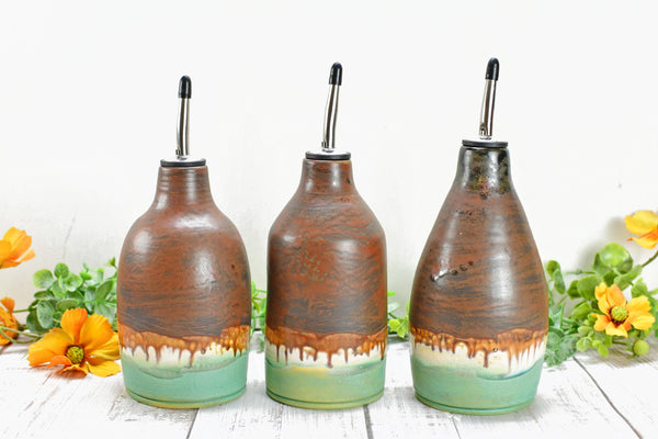 Ceramic Olive Oil Dispenser, Handmade Pottery Liquid Soap Bottle, Stoneware Bronze, Copper, Rust, Turquoise for Bathroom and Kitchen Decor