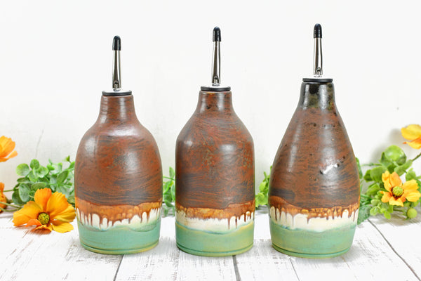 Ceramic Olive Oil Dispenser, Handmade Pottery Liquid Soap Bottle, Stoneware Bronze, Copper, Rust, Turquoise for Bathroom and Kitchen Decor
