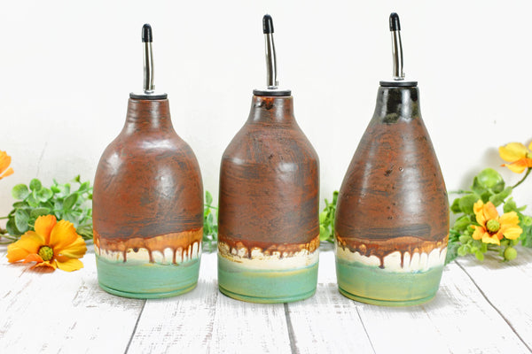 Ceramic Olive Oil Dispenser, Handmade Pottery Liquid Soap Bottle, Stoneware Bronze, Copper, Rust, Turquoise for Bathroom and Kitchen Decor