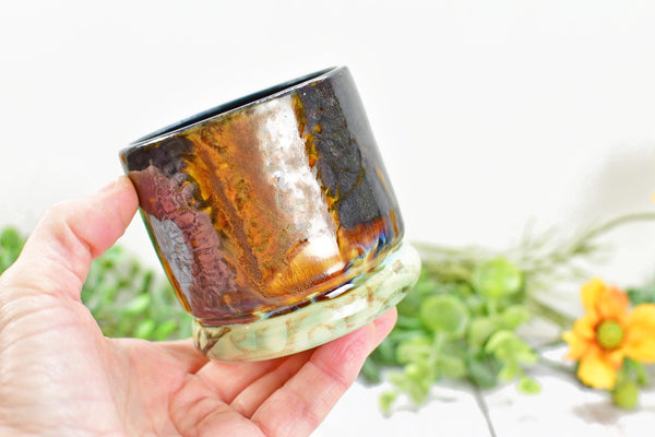 Bronze Whiskey Bourbon Cup, Pottery Anniversary Handmade Ceramic Tumbler Barware Wine Gift, Black, Green, Tan Mediterranean Moroccan SECONDS