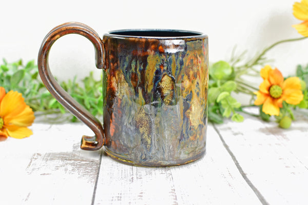 Bronze Black Coffee Mug, Drippy Ceramic Pottery Cup, Handmade Anniversary Gift, Tan Earthy Drinkware