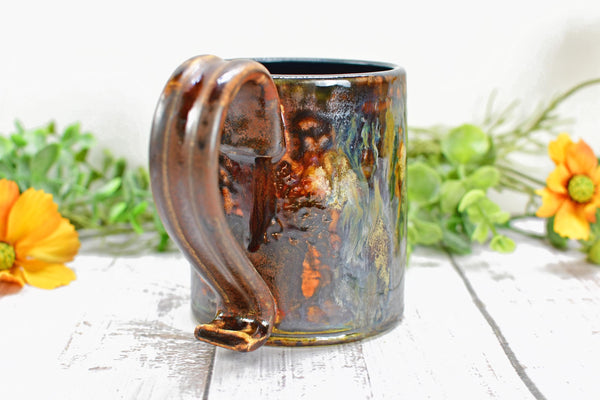 Bronze Black Coffee Mug, Drippy Ceramic Pottery Cup, Handmade Anniversary Gift, Tan Earthy Drinkware