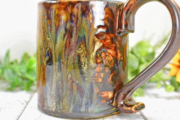 Bronze Black Coffee Mug, Drippy Ceramic Pottery Cup, Handmade Anniversary Gift, Tan Earthy Drinkware