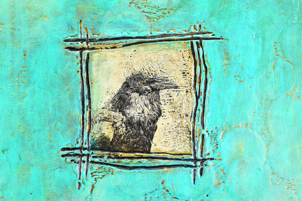 Raven Bird Original Encaustic Painting, Mixed Media Hand Painted Gift on Wood Cradle Board