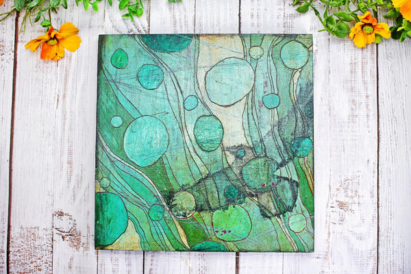 Raven Bird Original Painting, Turquoise, Black, Gray Mixed Media Hand Painted Gift on Wood Cradle Board, Unframed