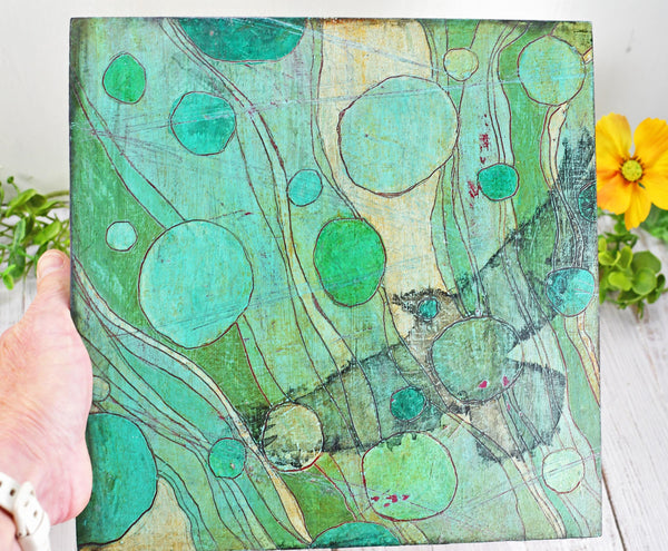 Raven Bird Original Painting, Turquoise, Black, Gray Mixed Media Hand Painted Gift on Wood Cradle Board, Unframed