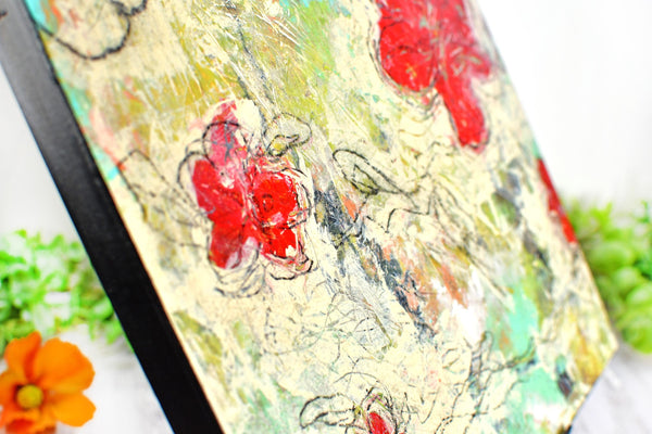 Abstract Red Poppy Floral Painting, Mixed Media Wood Panel Art