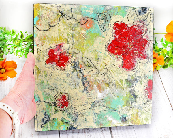 Abstract Red Poppy Floral Painting, Mixed Media Wood Panel Art
