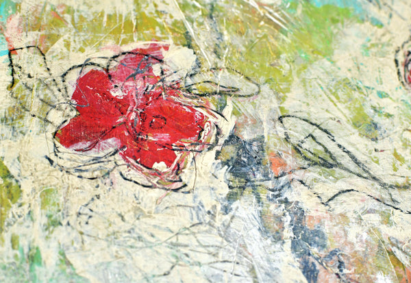 Abstract Red Poppy Floral Painting, Mixed Media Wood Panel Art