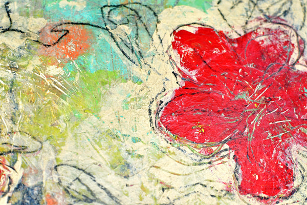 Abstract Red Poppy Floral Painting, Mixed Media Wood Panel Art