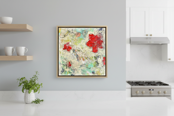 Abstract Red Poppy Floral Painting, Mixed Media Wood Panel Art