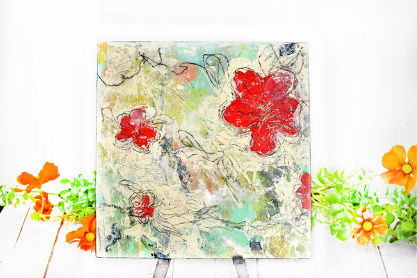 Abstract Red Poppy Floral Painting, Mixed Media Wood Panel Art