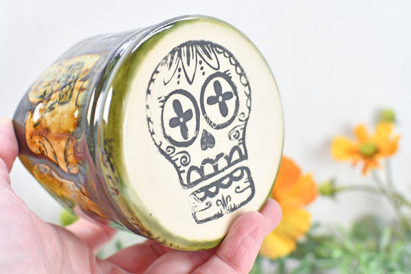 Sugar Skull Bronze Tan Whiskey Bourbon Cup, Pottery Anniversary Handmade Ceramic Tumbler Barware Wine Gift, Black, Green, Gothic Unique