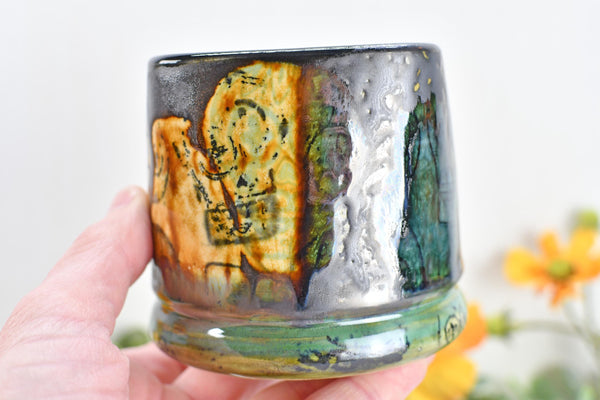 Sugar Skull Bronze Tan Whiskey Bourbon Cup, Pottery Anniversary Handmade Ceramic Tumbler Barware Wine Gift, Black, Green, Gothic Unique