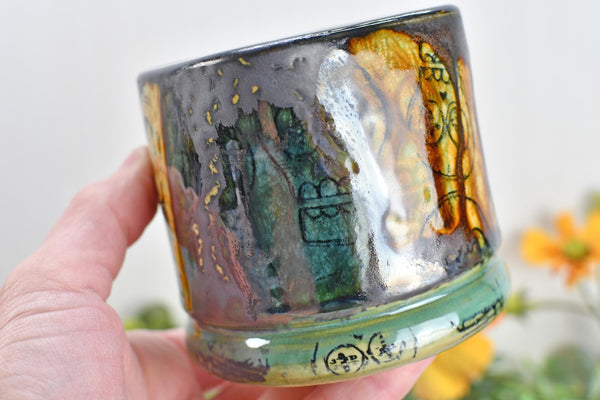 Sugar Skull Bronze Tan Whiskey Bourbon Cup, Pottery Anniversary Handmade Ceramic Tumbler Barware Wine Gift, Black, Green, Gothic Unique