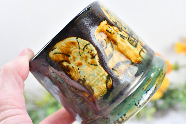 Sugar Skull Bronze Tan Whiskey Bourbon Cup, Pottery Anniversary Handmade Ceramic Tumbler Barware Wine Gift, Black, Green, Gothic Unique