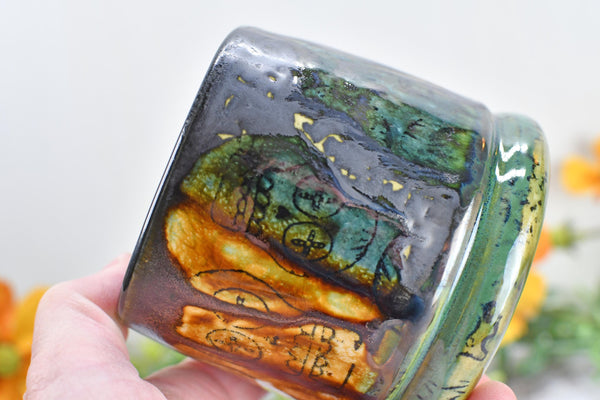 Sugar Skull Bronze Tan Whiskey Bourbon Cup, Pottery Anniversary Handmade Ceramic Tumbler Barware Wine Gift, Black, Green, Gothic Unique