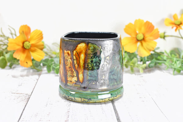 Sugar Skull Bronze Tan Whiskey Bourbon Cup, Pottery Anniversary Handmade Ceramic Tumbler Barware Wine Gift, Black, Green, Gothic Unique