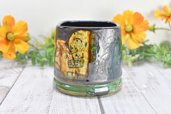 Sugar Skull Bronze Tan Whiskey Bourbon Cup, Pottery Anniversary Handmade Ceramic Tumbler Barware Wine Gift, Black, Green, Gothic Unique