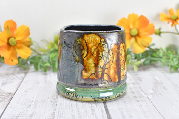 Sugar Skull Bronze Tan Whiskey Bourbon Cup, Pottery Anniversary Handmade Ceramic Tumbler Barware Wine Gift, Black, Green, Gothic Unique