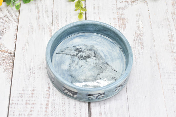 Raven Bird Ceramic Wine Drip Dish, Handmade Pottery, Medium Bowl for Spoon Rest or Soap Dish, Blue Gray Black