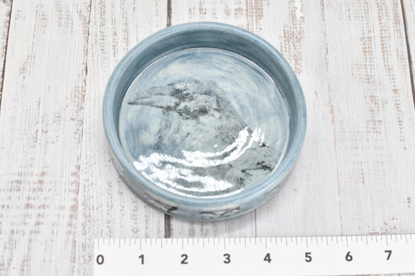 Raven Bird Ceramic Wine Drip Dish, Handmade Pottery, Medium Bowl for Spoon Rest or Soap Dish, Blue Gray Black
