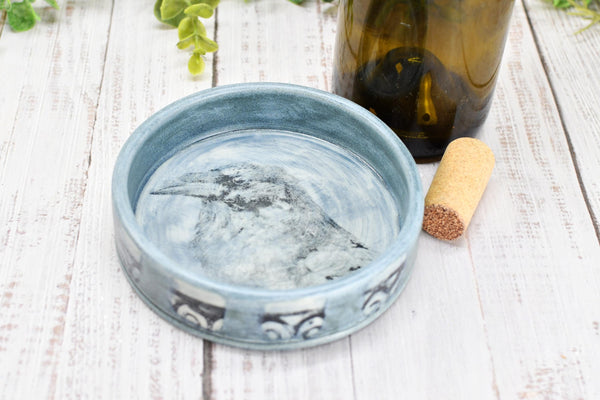 Raven Bird Ceramic Wine Drip Dish, Handmade Pottery, Medium Bowl for Spoon Rest or Soap Dish, Blue Gray Black