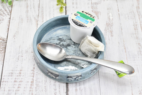 Raven Bird Ceramic Wine Drip Dish, Handmade Pottery, Medium Bowl for Spoon Rest or Soap Dish, Blue Gray Black