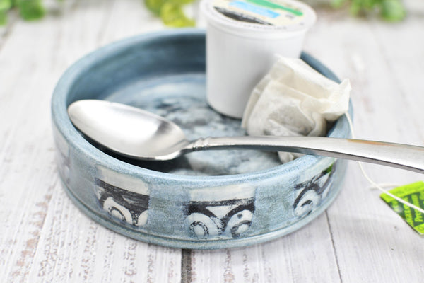 Raven Bird Ceramic Wine Drip Dish, Handmade Pottery, Medium Bowl for Spoon Rest or Soap Dish, Blue Gray Black
